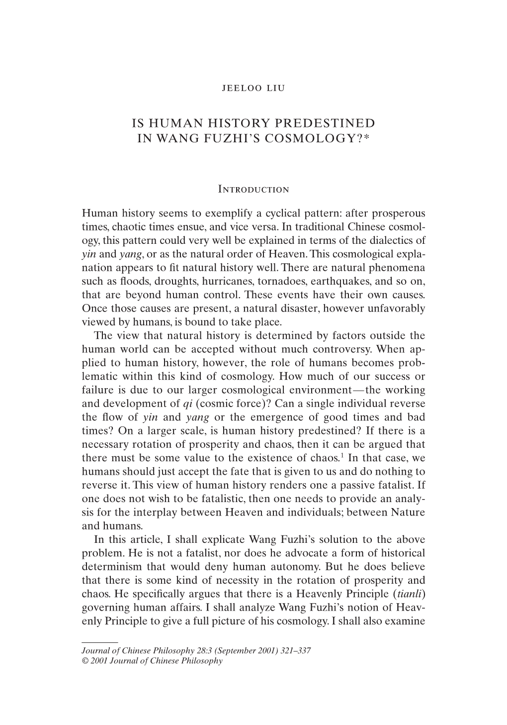 Is Human History Predestined in Wang Fuzhi's Cosmology?