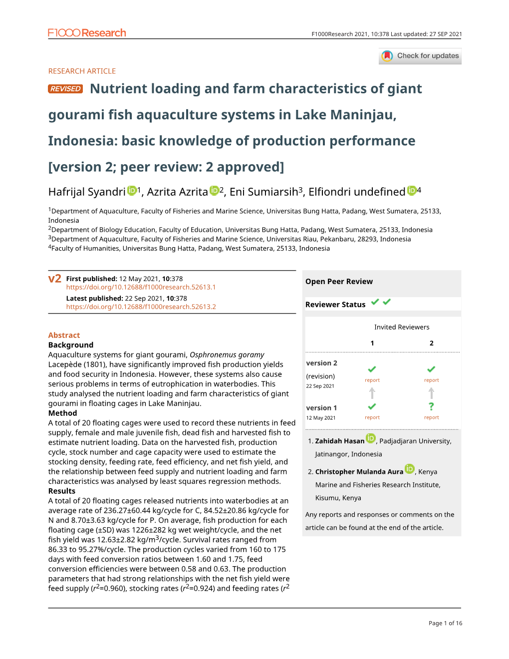 Nutrient Loading and Farm Characteristics of Giant Gourami Fish Aquaculture Systems in Lake Maninjau