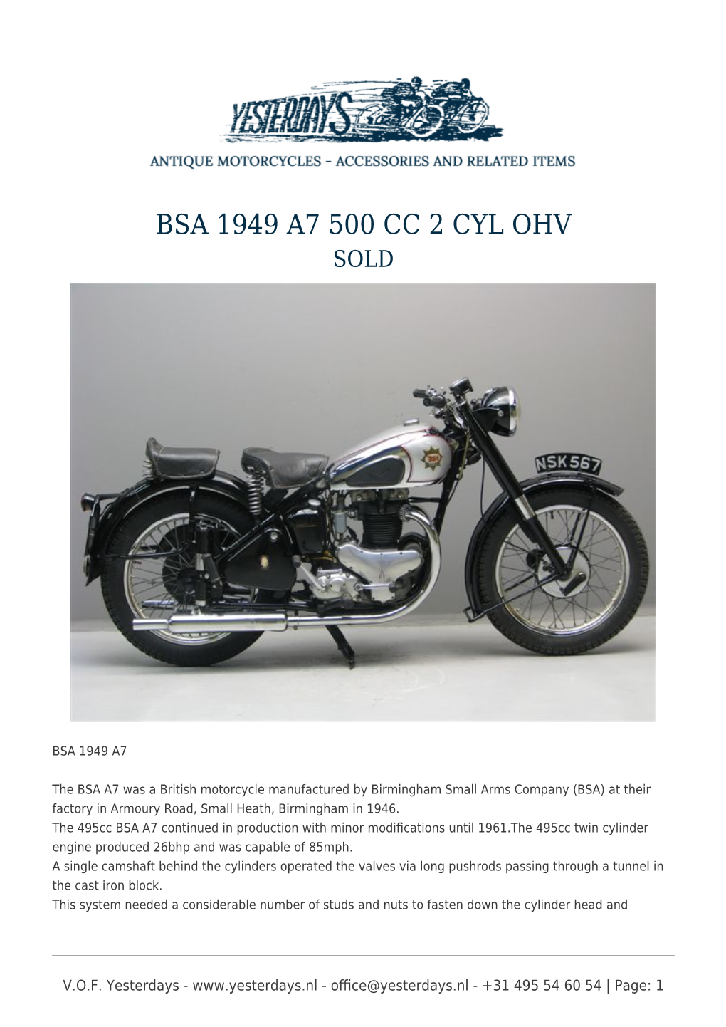 Bsa 1949 A7 500 Cc 2 Cyl Ohv Sold