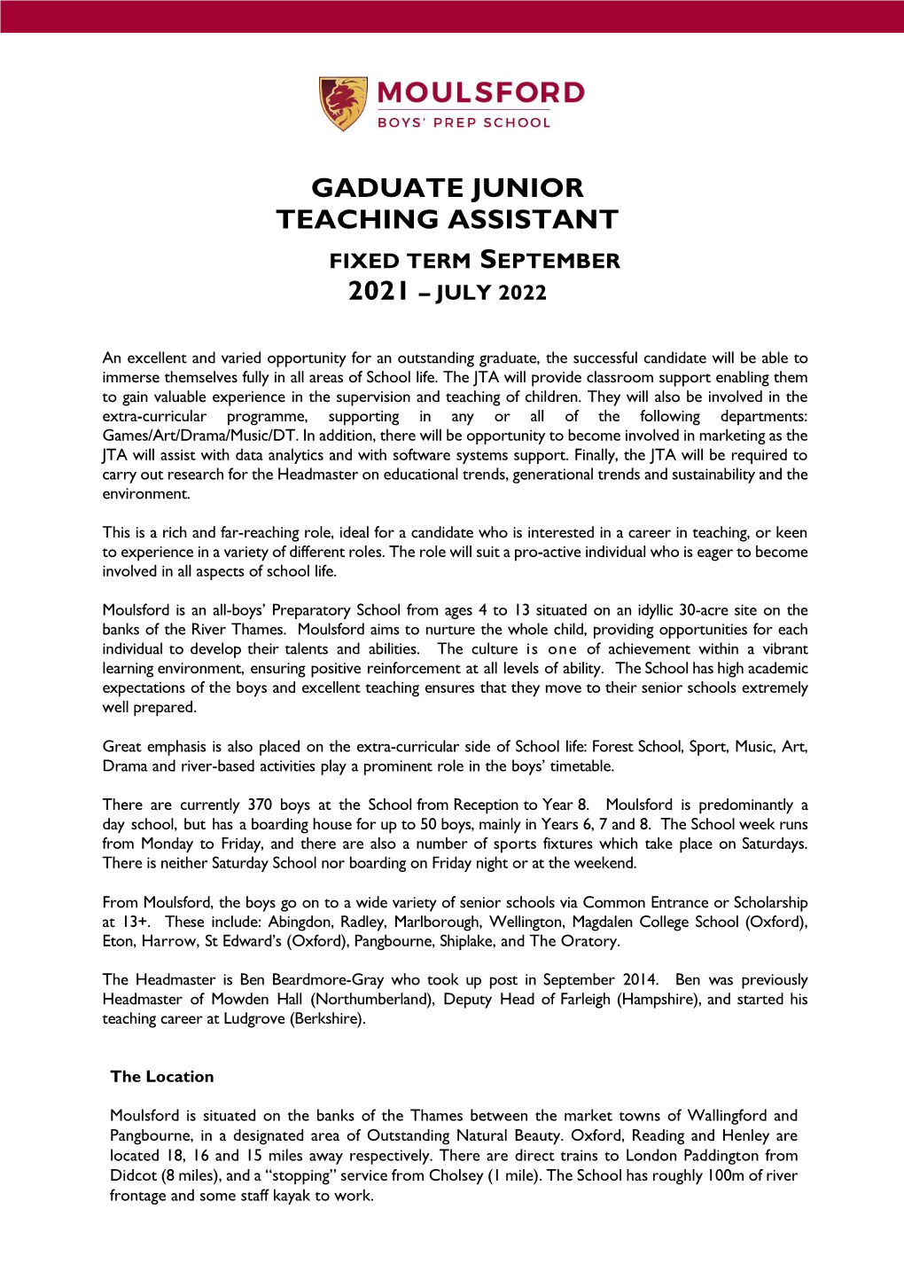 Gaduate Junior Teaching Assistant Fixed Term September 2021 – July 2022