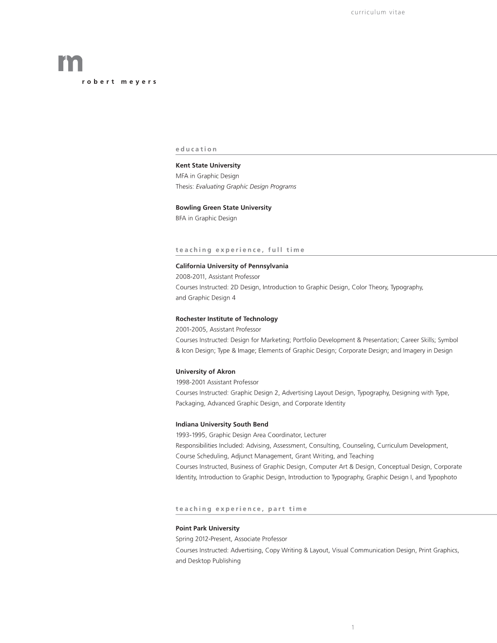 Robertmeyers Curriculum Vitae 1 Education