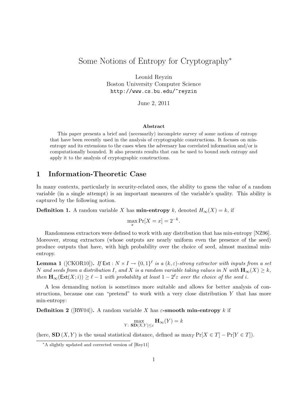 Some Notions of Entropy for Cryptography∗