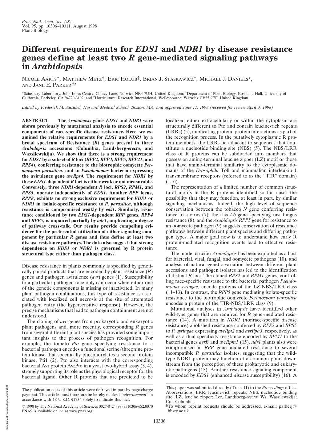 Different Requirements for EDS1 and NDR1 by Disease Resistance Genes Define at Least Two R Gene-Mediated Signaling Pathways in Arabidopsis