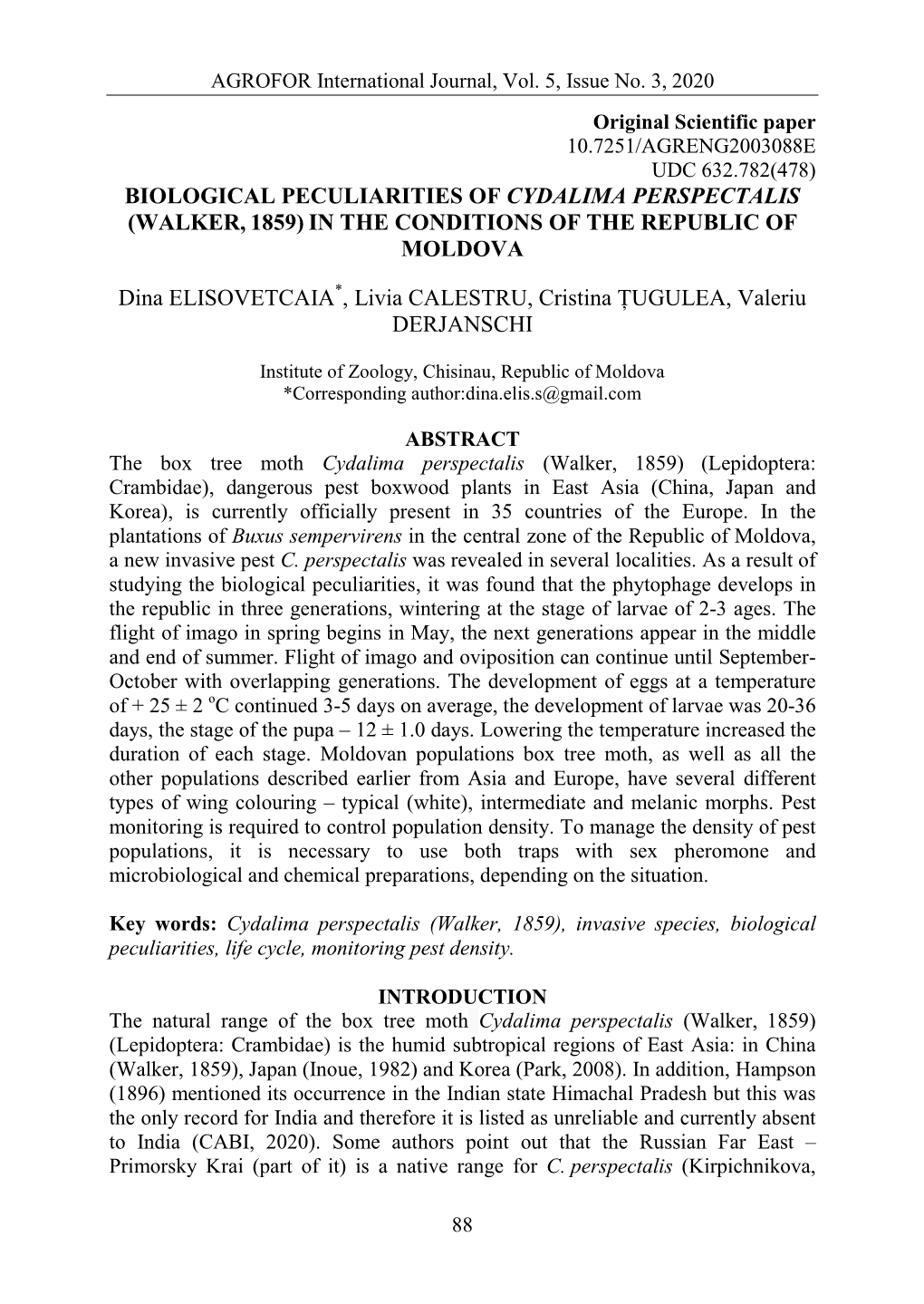 Biological Peculiarities of Cydalima Perspectalis (Walker, 1859) in the Conditions of the Republic of Moldova