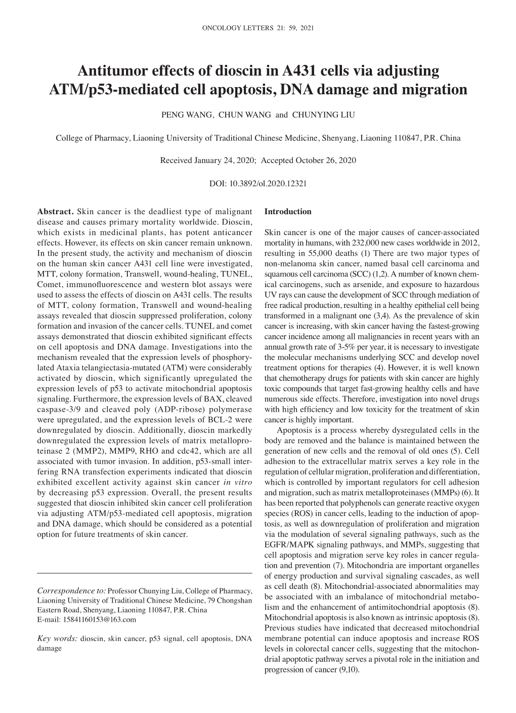 Antitumor Effects of Dioscin in A431 Cells Via Adjusting ATM/P53‑Mediated Cell Apoptosis, DNA Damage and Migration