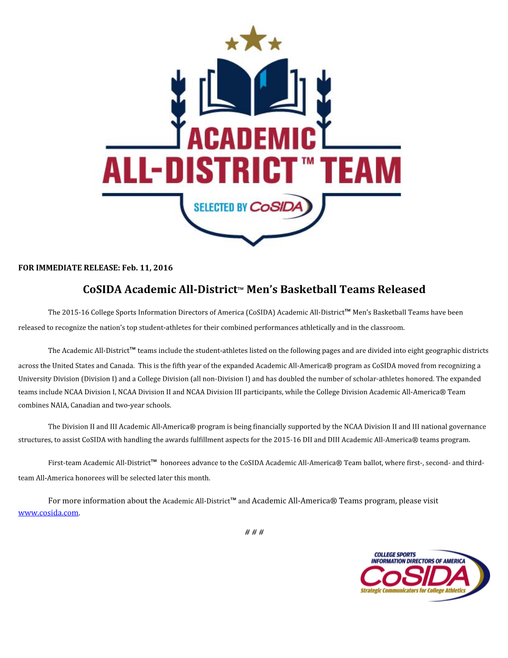 Cosida Academic All-District™ Men's Basketball Teams Released