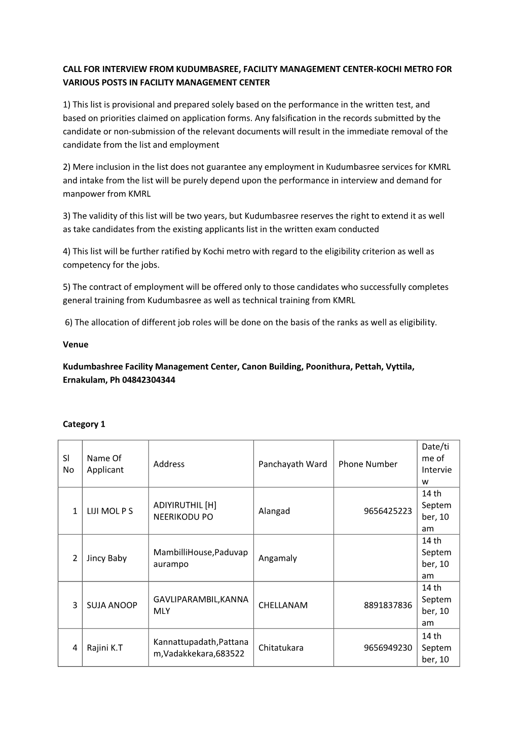 Call for Interview from Kudumbasree, Facility Management Center-Kochi Metro for Various Posts in Facility Management Center