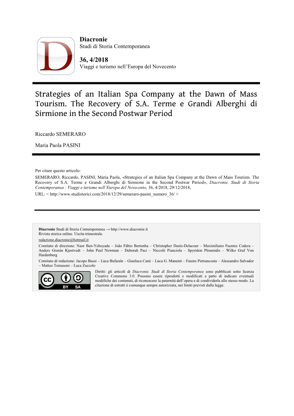 Strategies of an Italian Spa Company at the Dawn of Mass Tourism The