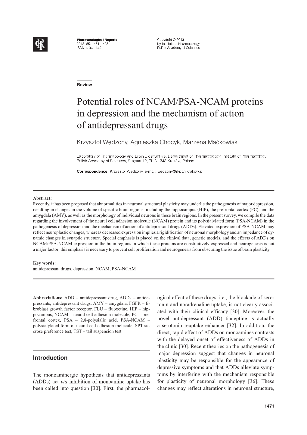 Potential Roles of NCAM/PSA-NCAM Proteins in Depression and The