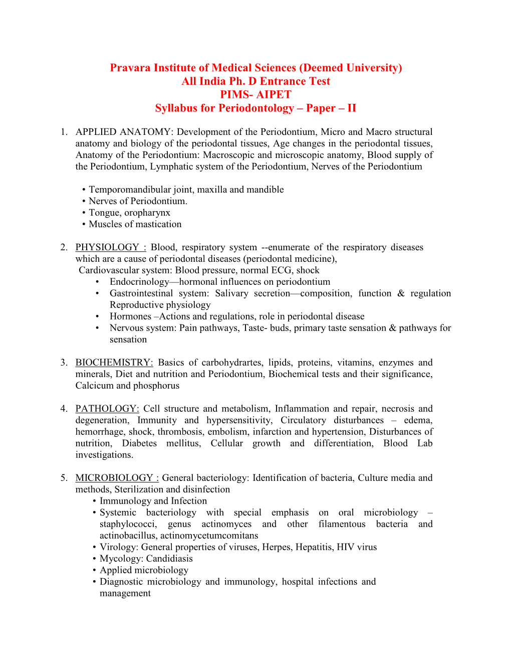 AIPET Syllabus for Periodontology – Paper – II