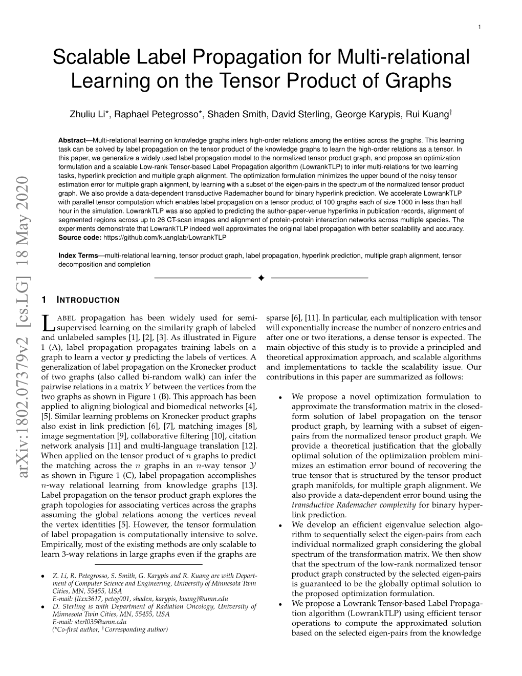 Scalable Label Propagation for Multi-Relational Learning on the Tensor Product of Graphs