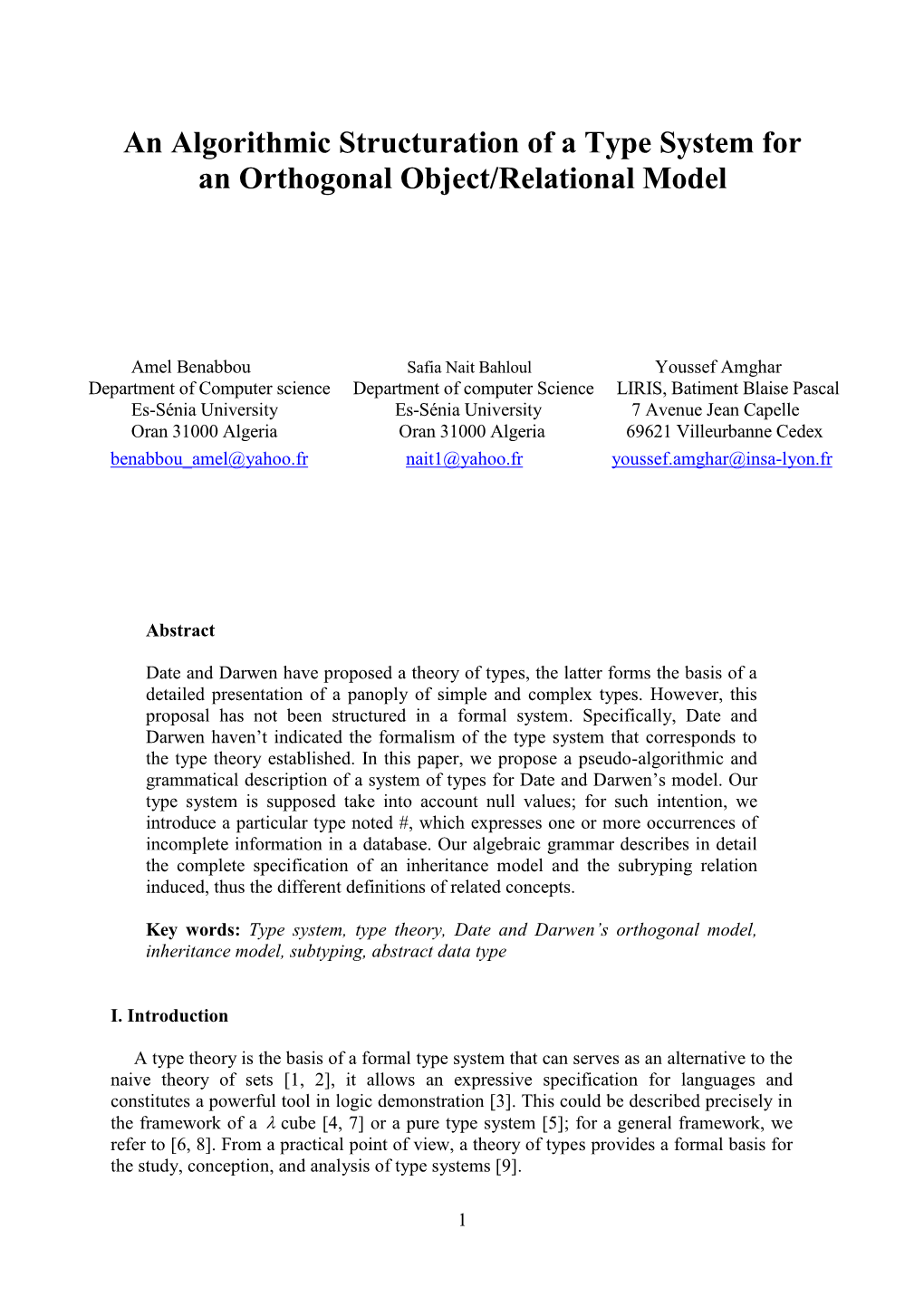 An Algorithmic Structuration of a Type System for an Orthogonal Object/Relational Model