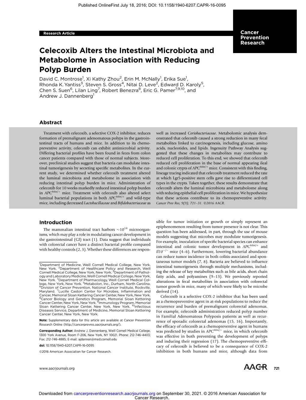 Celecoxib Alters the Intestinal Microbiota and Metabolome in Association with Reducing Polyp Burden David C