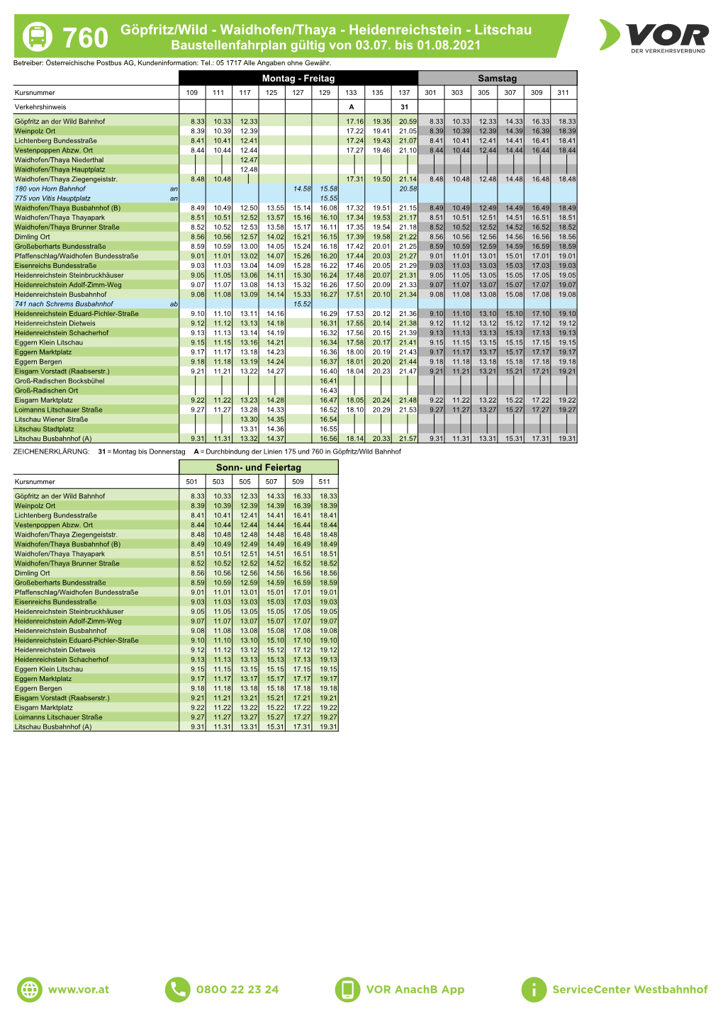 Waidhofen/Thaya - Heidenreichstein - Litschau 760 Baustellenfahrplan Gültig Von 03.07