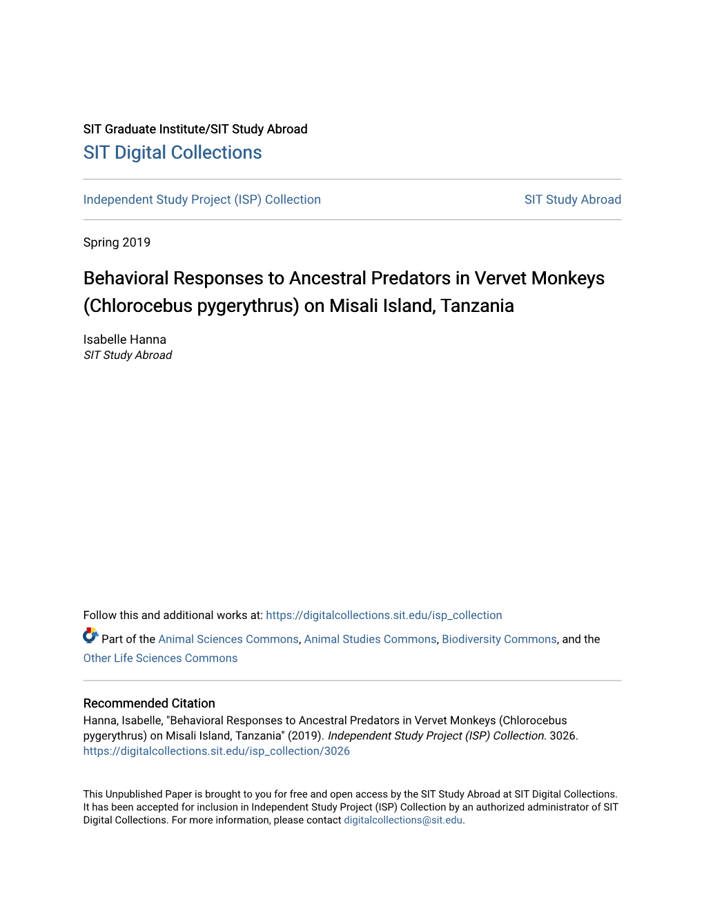 Behavioral Responses to Ancestral Predators in Vervet Monkeys (Chlorocebus Pygerythrus) on Misali Island, Tanzania