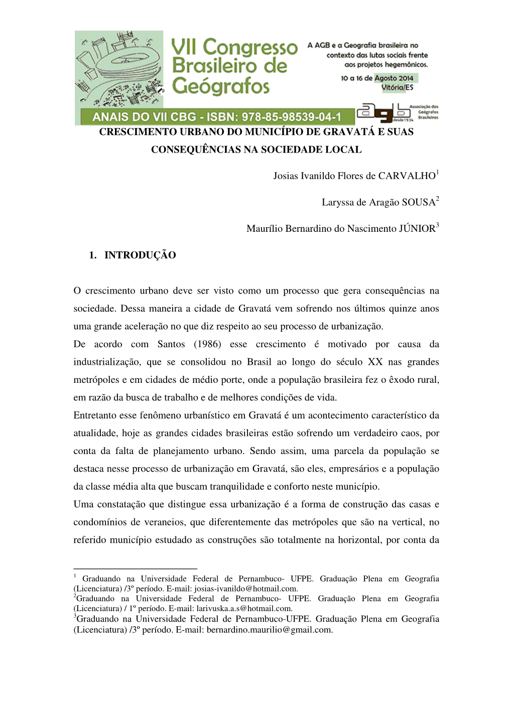 Crescimento Urbano Do Município De Gravatá E Suas Consequências Na Sociedade Local