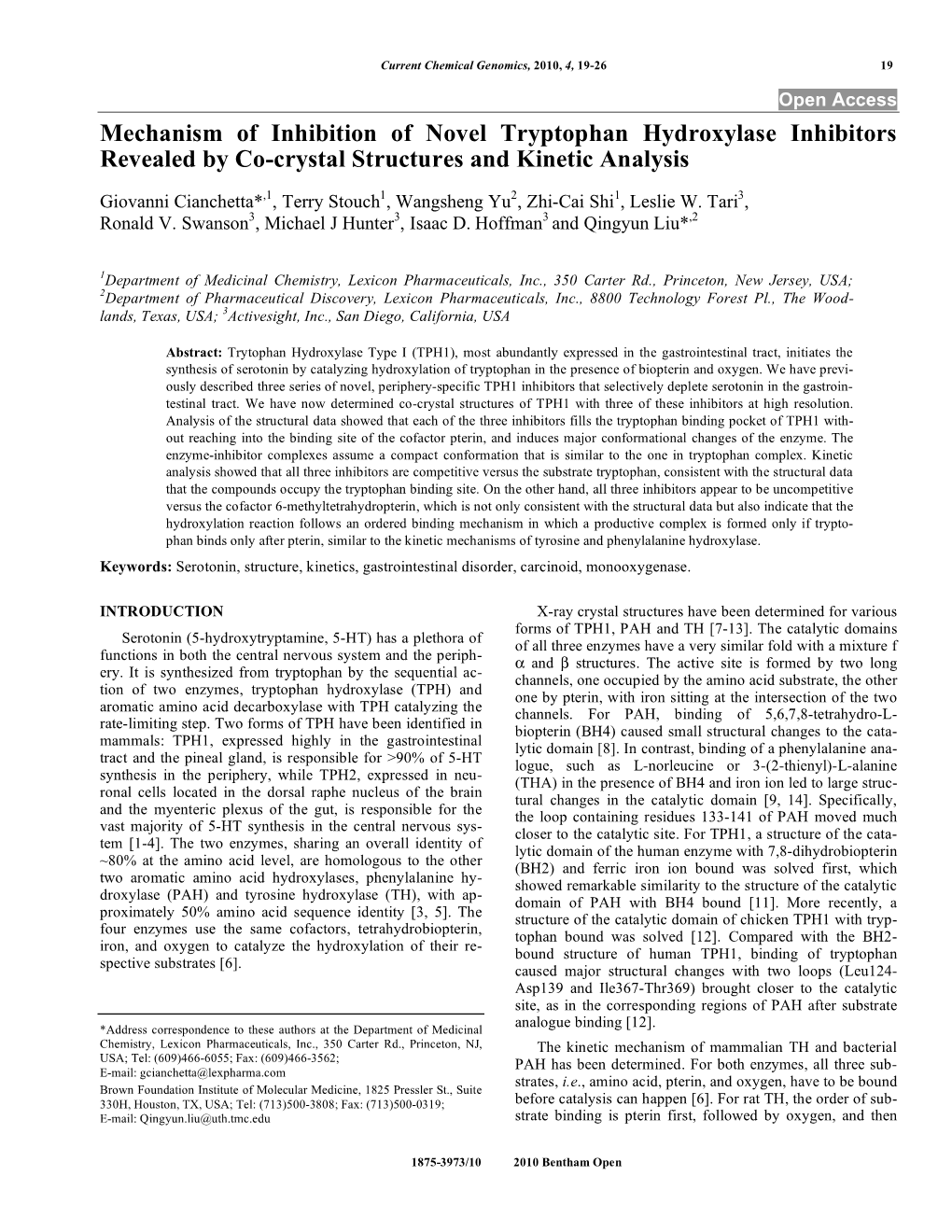 Mechanism of Inhibition of Novel Tryptophan Hydroxylase Inhibitors Revealed by Co-Crystal Structures and Kinetic Analysis