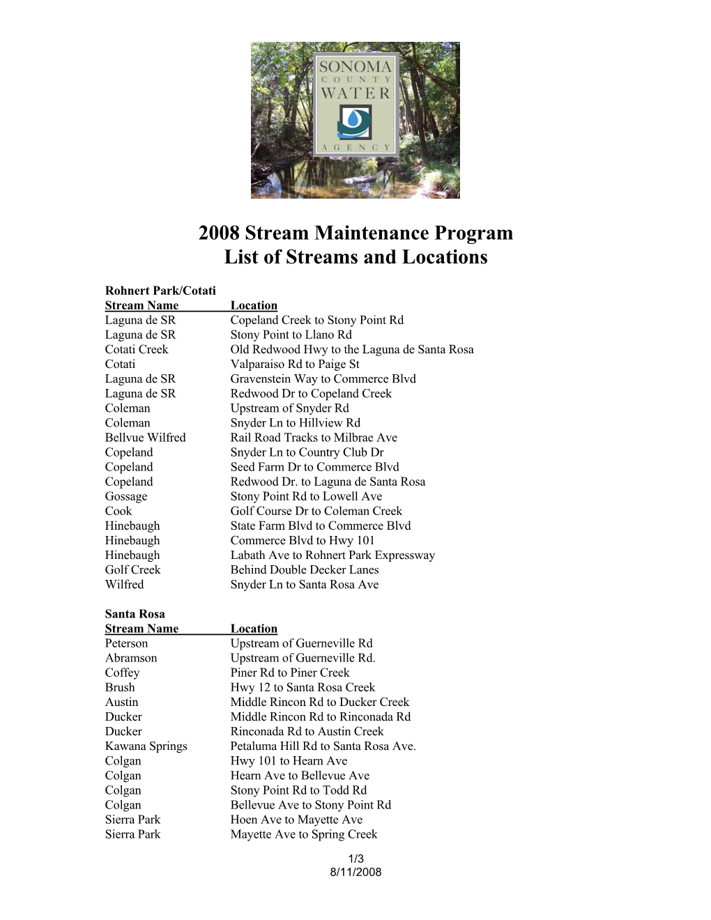 2008 Stream Maintenance Program List of Streams and Locations