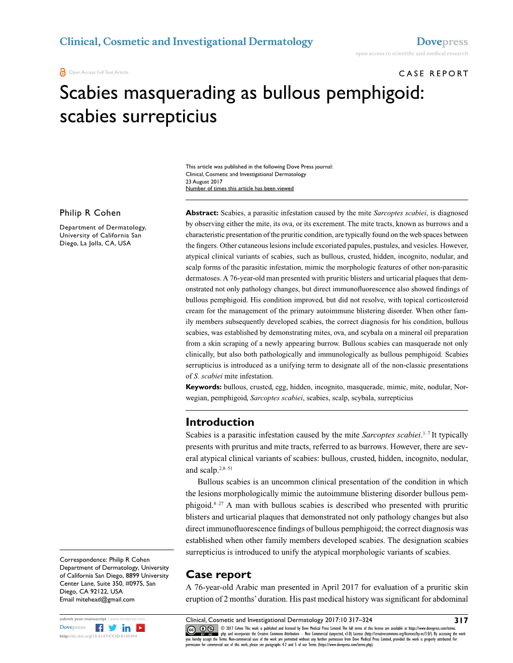 Scabies Masquerading As Bullous Pemphigoid: Scabies Surrepticius