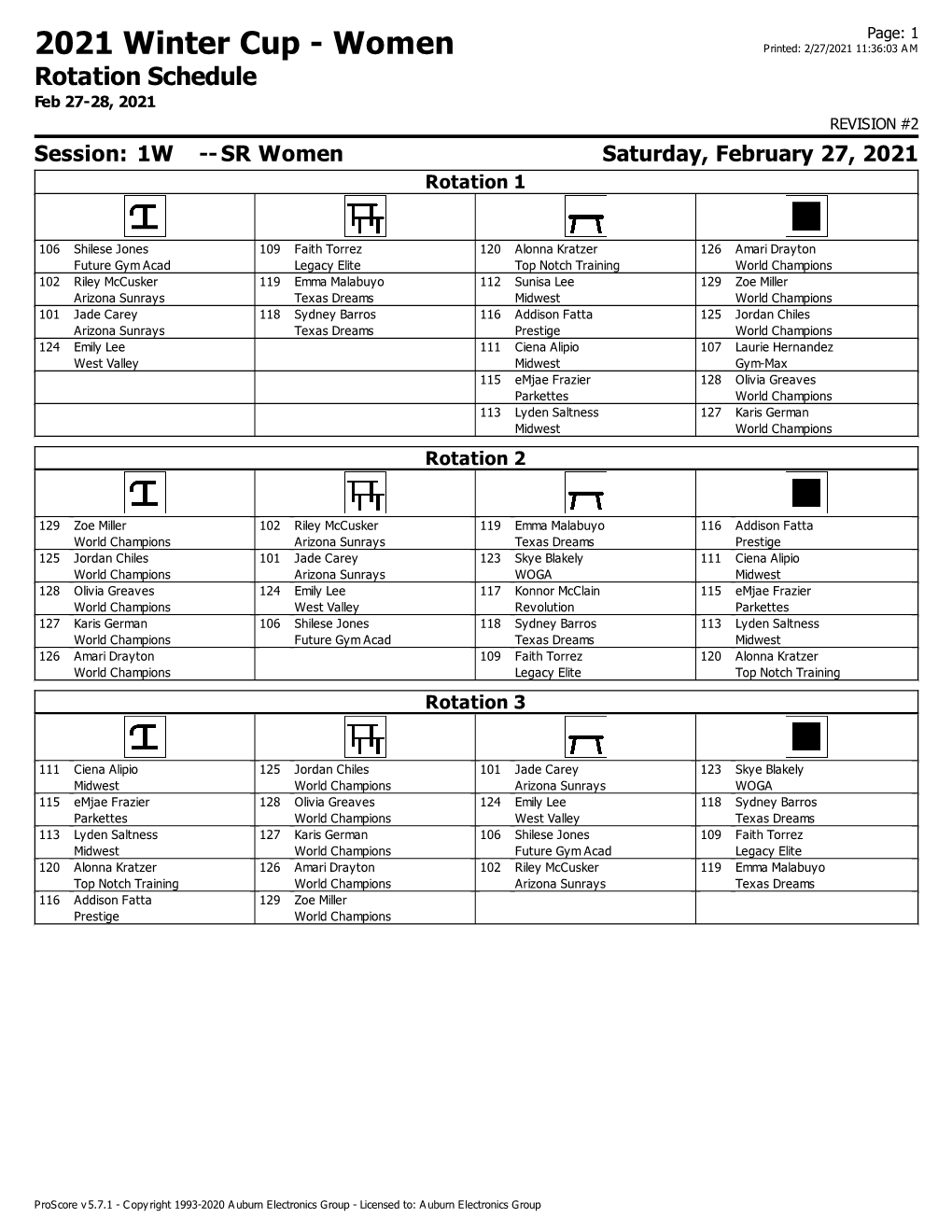 2021 Winter Cup - Women Printed: 2/27/2021 11:36:03 a M Rotation Schedule Feb 27-28, 2021 REVISION #2 Session: 1W -- SR Women Saturday, February 27, 2021 Rotation 1