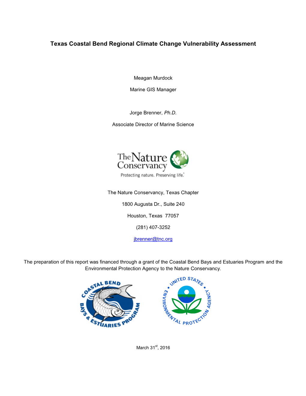 Texas Coastal Bend Regional Climate Change Vulnerability Assessment