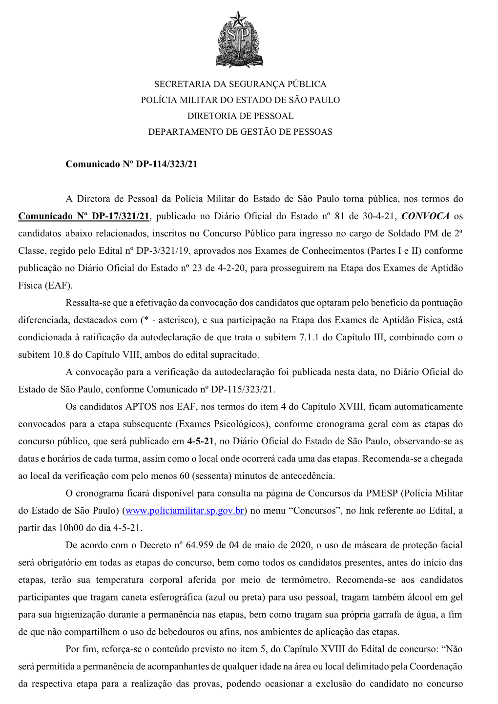 Comunicado Nº DP-114/323/21 a Diretora De Pessoal Da Polícia