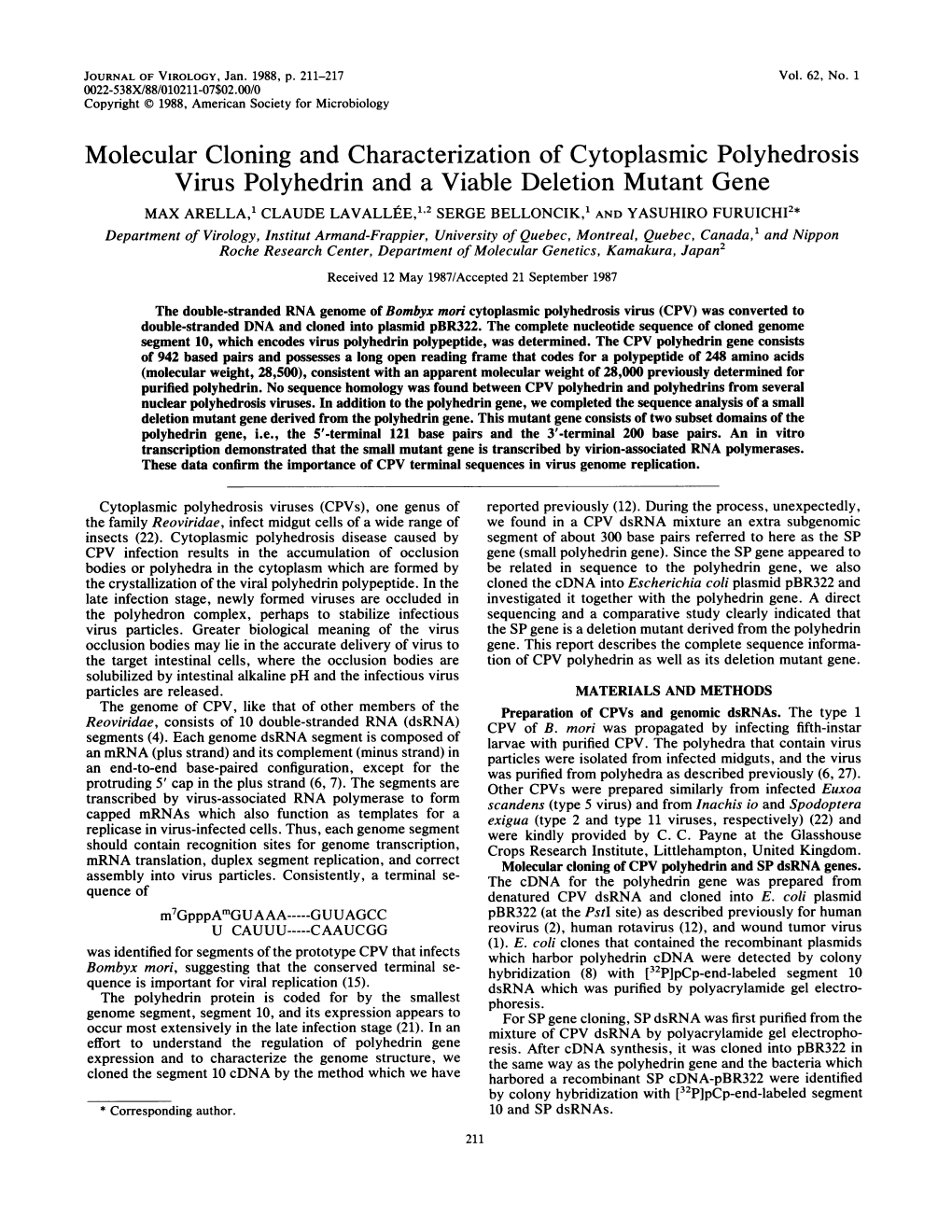 Molecular Cloning and Characterization of Cytoplasmic Polyhedrosis Virus Polyhedrin and a Viable Deletion Mutant Gene