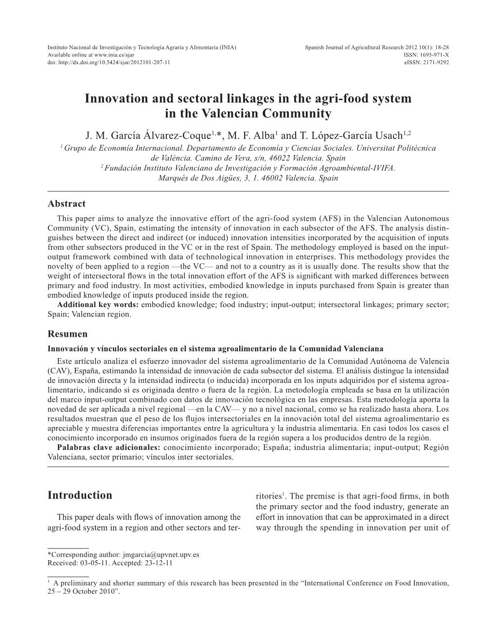 Innovation and Sectoral Linkages in the Agri-Food System in the Valencian Community J