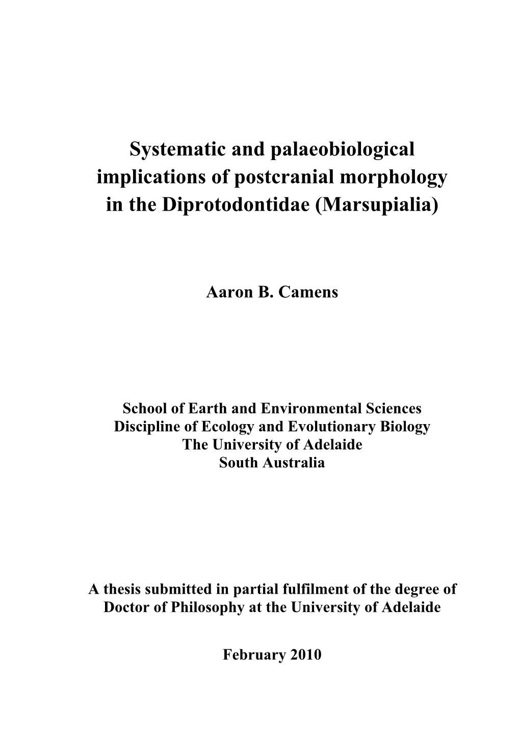 Systematic and Palaeobiological Implications of Postcranial Morphology in the Diprotodontidae (Marsupialia)