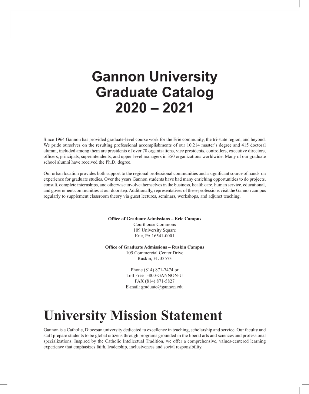 Gannon University Graduate Catalog 2020 – 2021