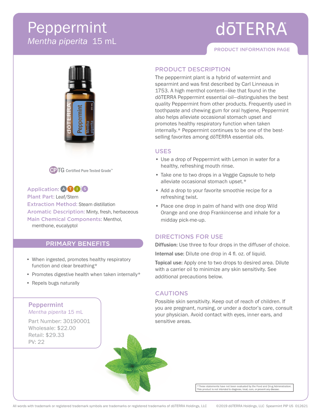 Peppermint Mentha Piperita 15 Ml PRODUCT INFORMATION PAGE