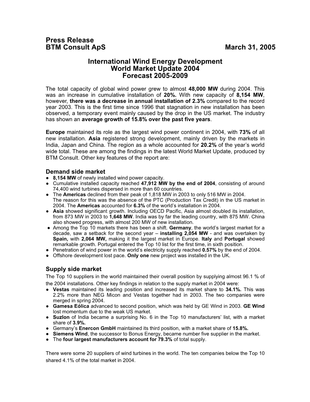 Press Release BTM Consult Aps March 31, 2005 International Wind