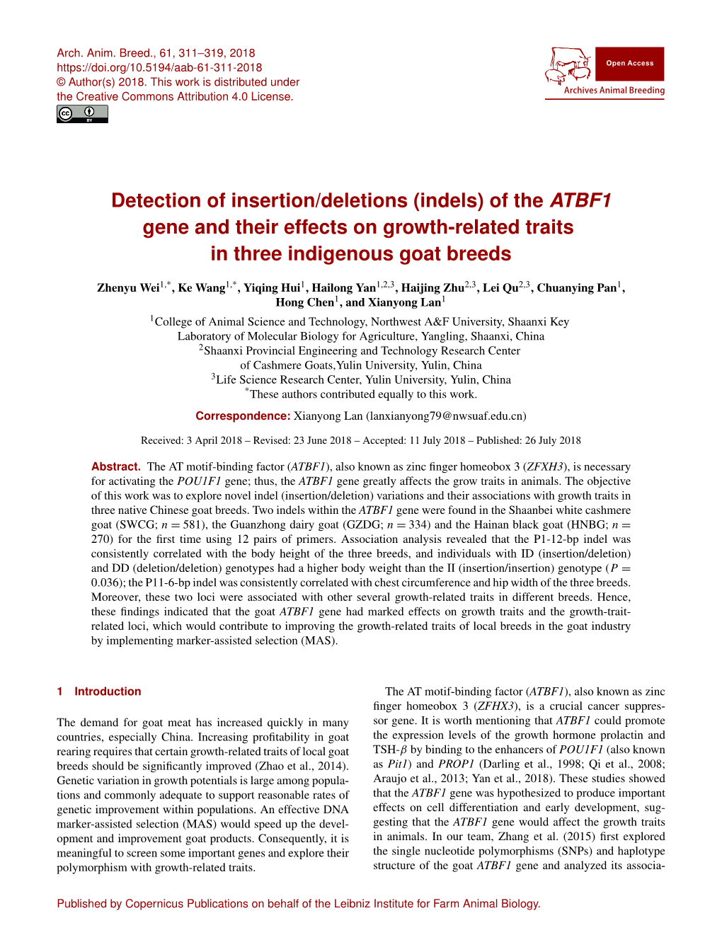 (Indels) of the ATBF1 Gene and Their Effects on Growth-Related Traits in Three Indigenous Goat Breeds