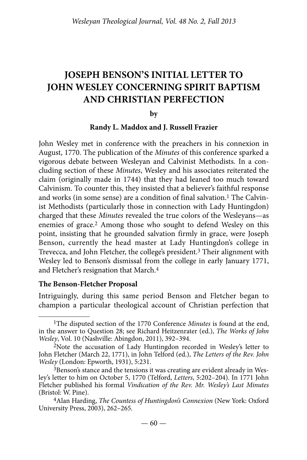 Joseph Benson's Initial Letter to John Wesley Concerning