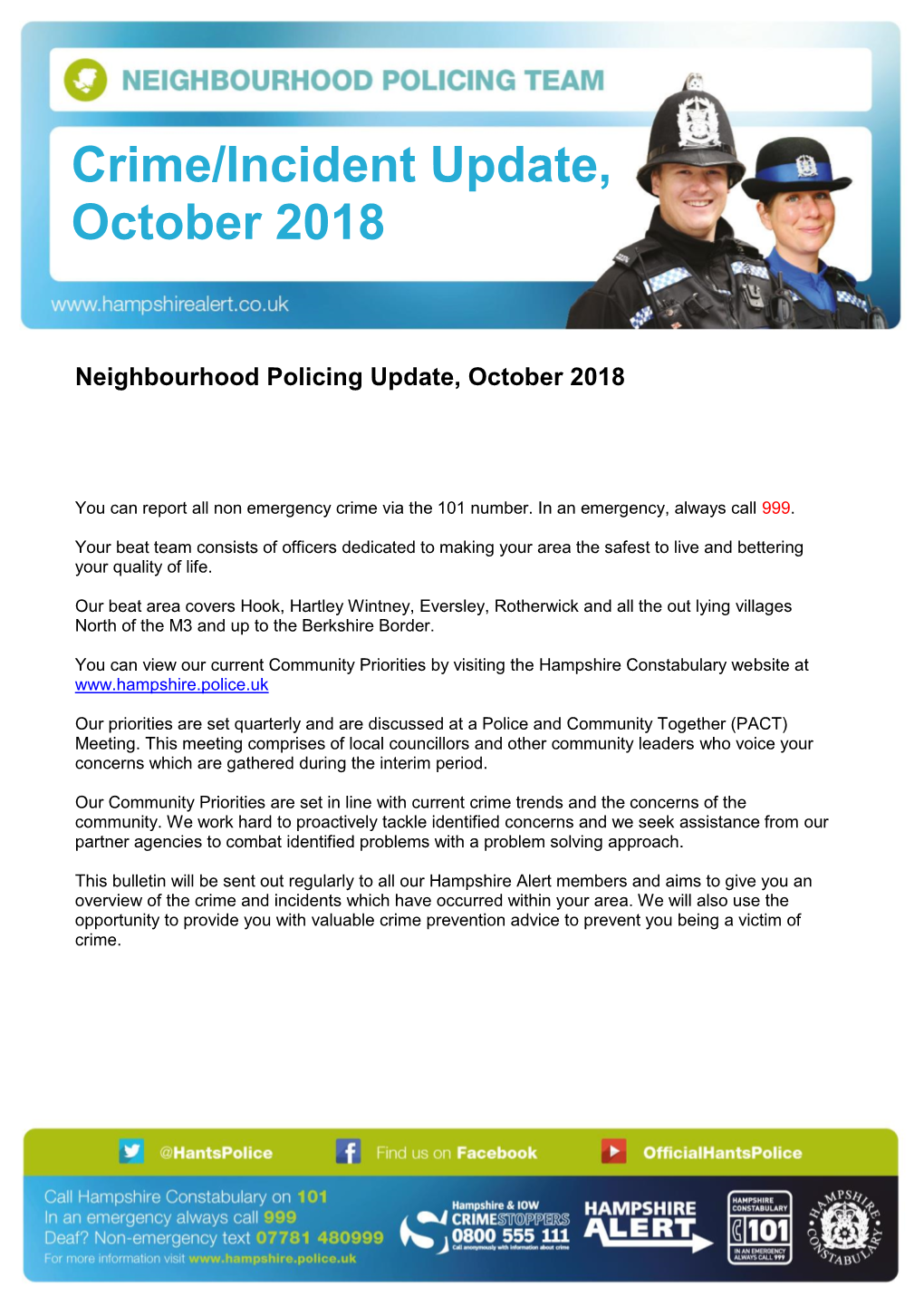 Crime/Incident Update, October 2018