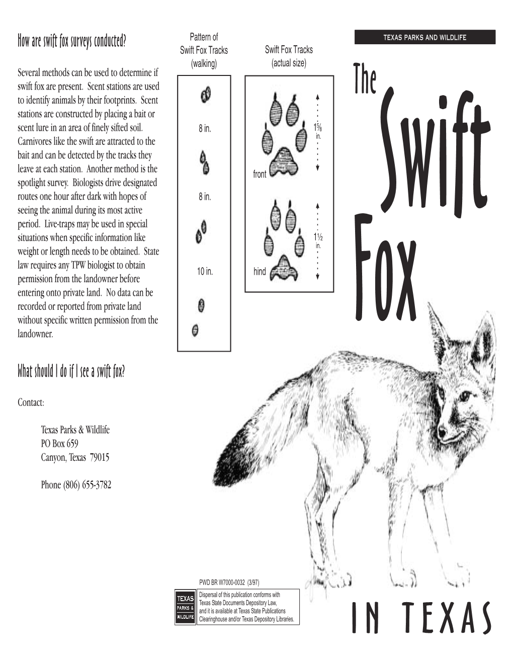 Swift Fox Surveys Conducted? Pattern of Swift Fox Tracks Swift Fox Tracks (Walking) (Actual Size) Several Methods Can Be Used to Determine If Swift Fox Are Present