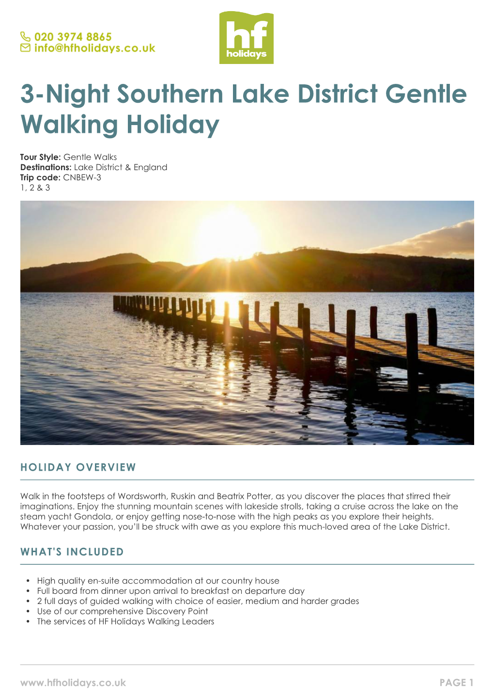 3-Night Southern Lake District Gentle Walking Holiday