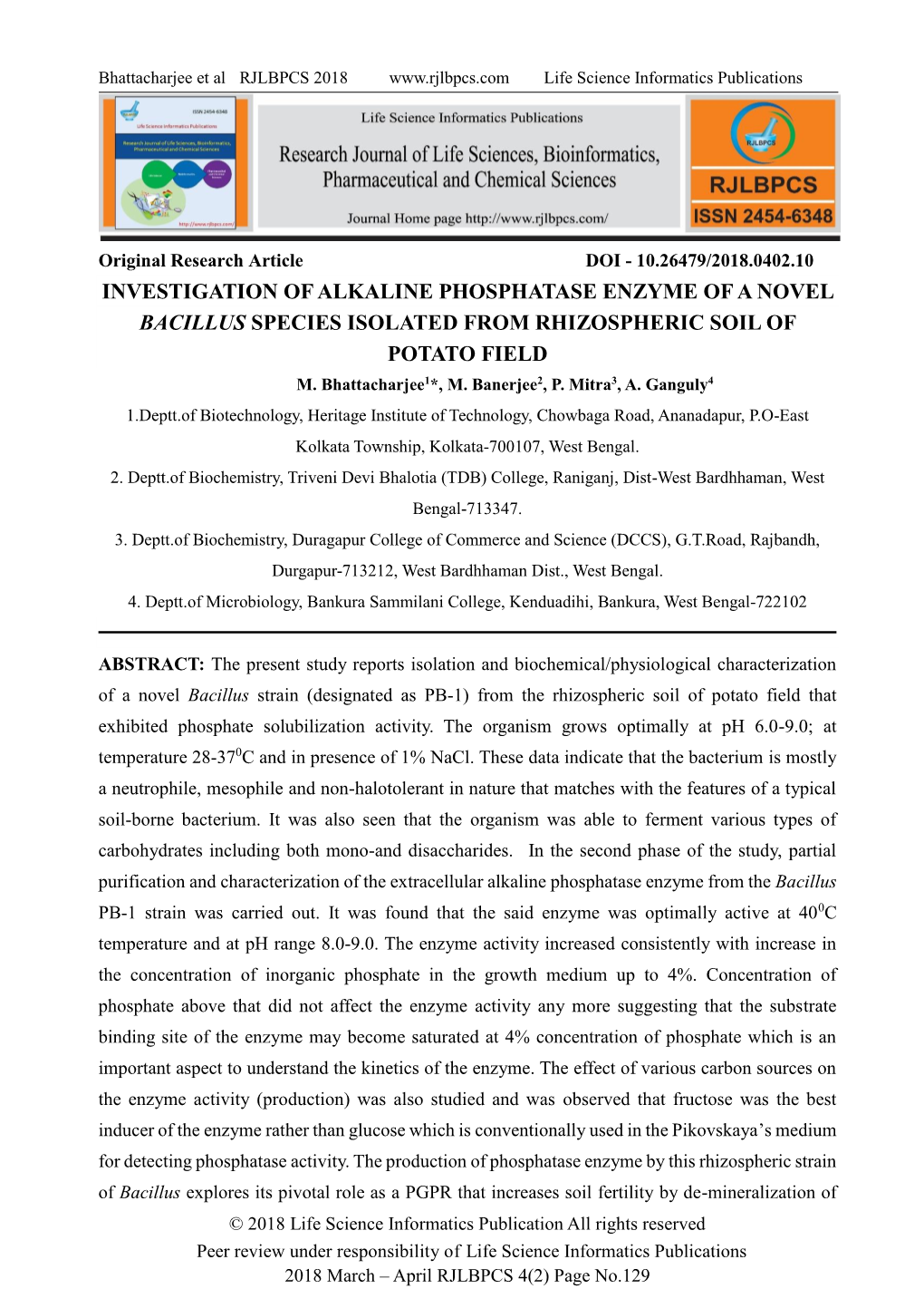 Investigation of Alkaline Phosphatase Enzyme of a Novel Bacillus Species Isolated from Rhizospheric Soil of Potato Field M