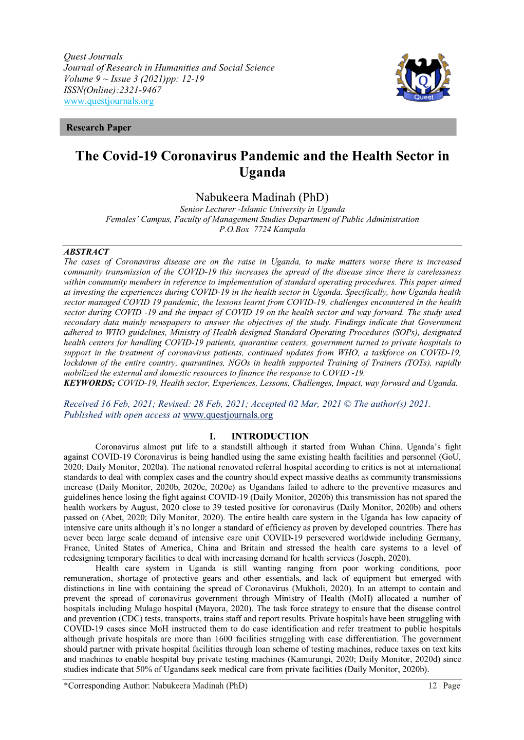 The Covid-19 Coronavirus Pandemic and the Health Sector in Uganda