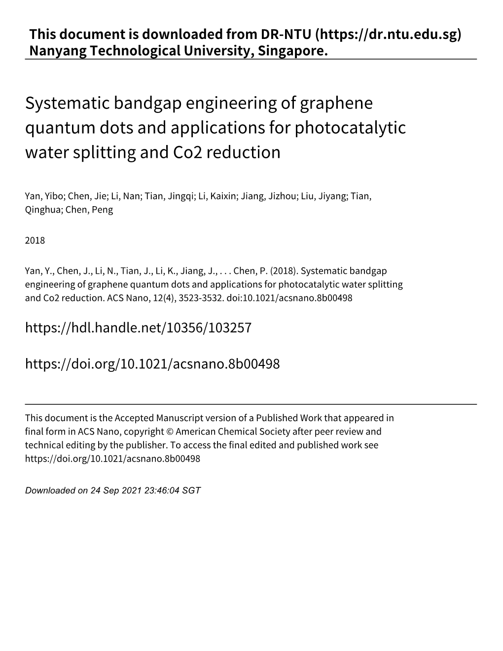 Systematic Bandgap Engineering of Graphene Quantum Dots and Applications for Photocatalytic Water Splitting and Co2 Reduction
