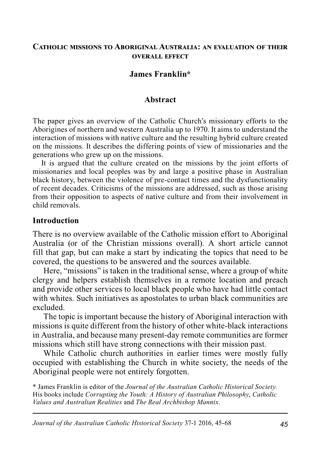 Catholic Missions to Aboriginal Australia: an Evaluation of Their Overall Effect