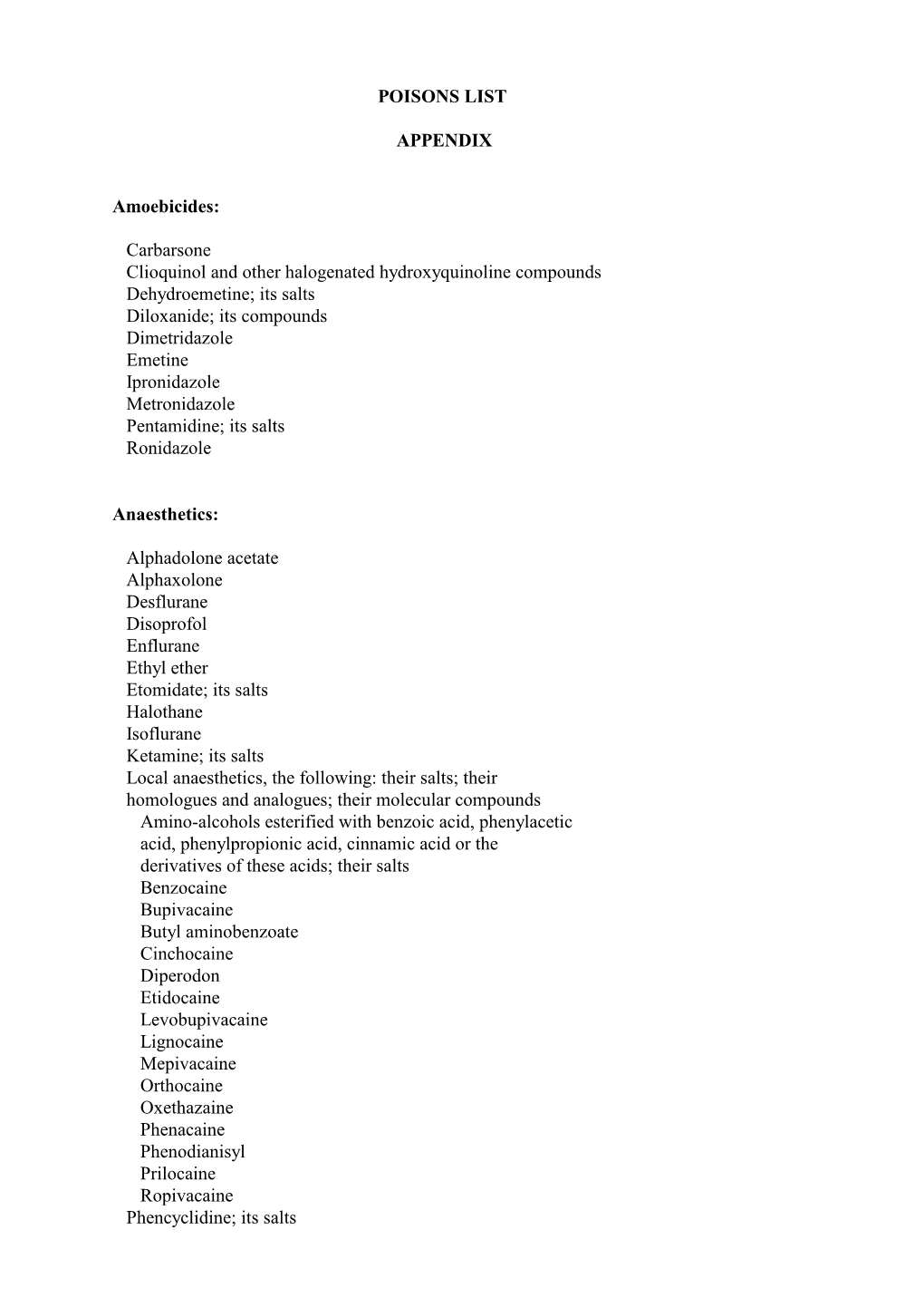 POISONS LIST APPENDIX Amoebicides: Carbarsone