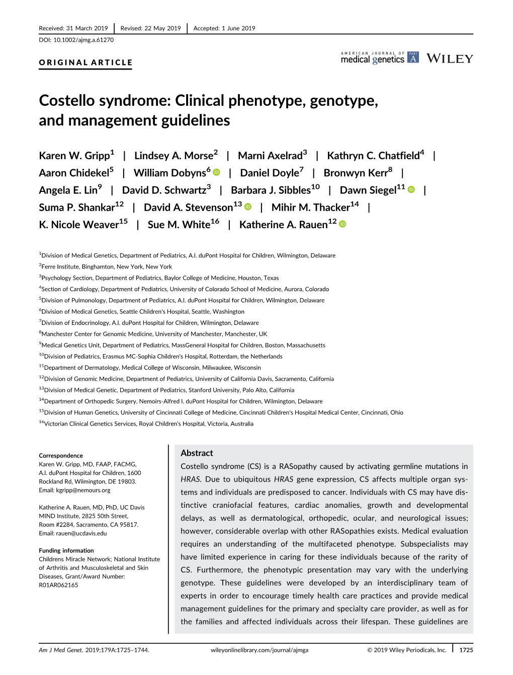 Costello Syndrome: Clinical Phenotype, Genotype, and Management Guidelines