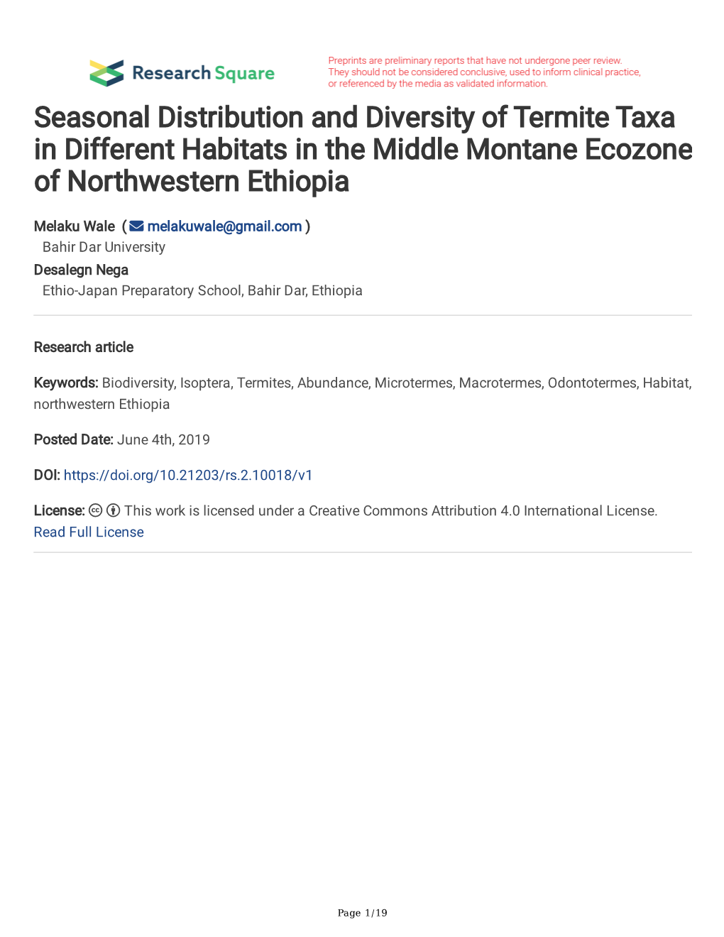 Seasonal Distribution and Diversity of Termite Taxa in Different Habitats in the Middle Montane Ecozone of Northwestern Ethiopia