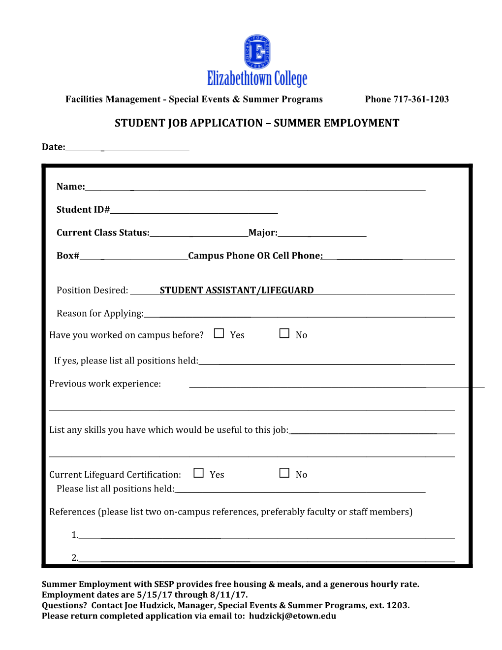 Student Job Application Summer Employment