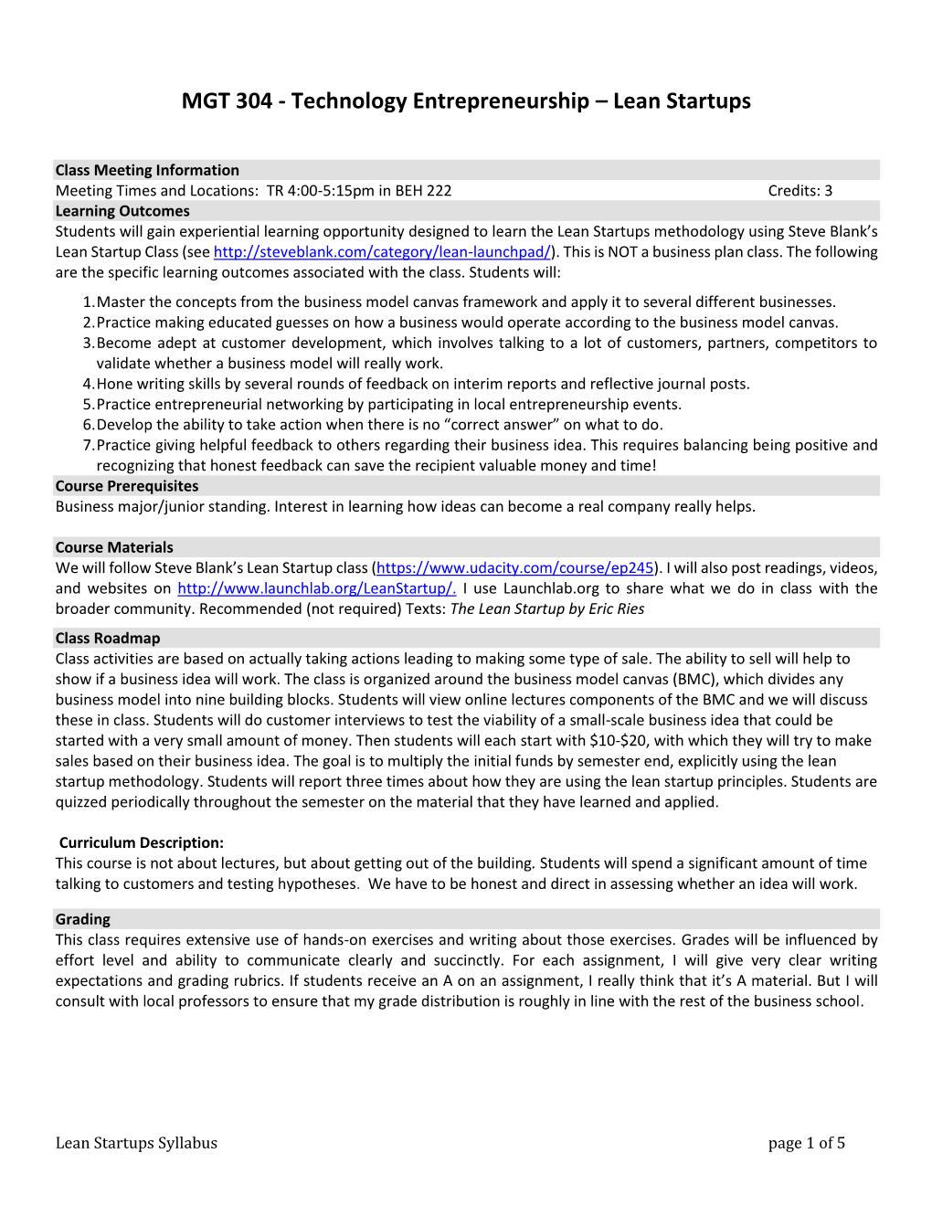 MGT 304 - Technology Entrepreneurship – Lean Startups