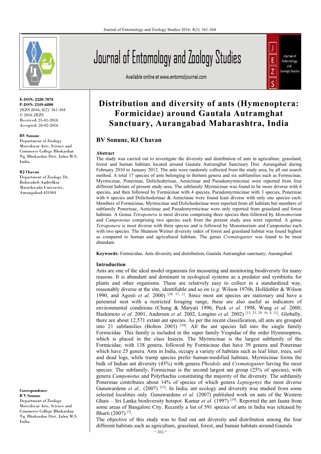 Hymenoptera: Formicidae) in Punjab Shivalik Studied Ant Species Richness at Selected Localities of Bangalore Halteres, 2009, 1