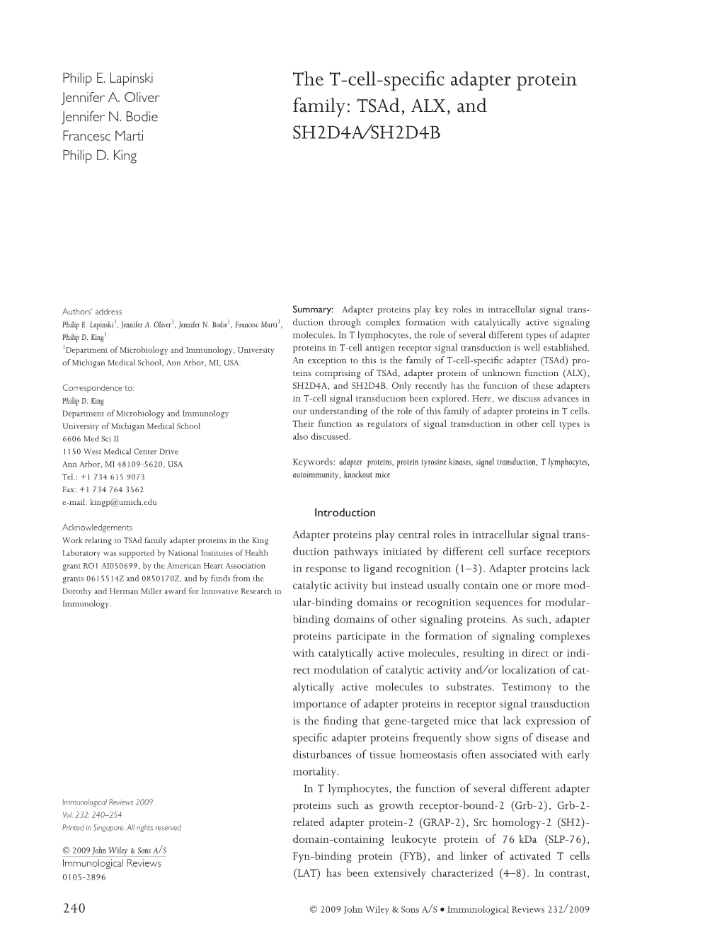 The T-Cell-Specific Adapter Protein Family: Tsad, ALX, and SH2D4A