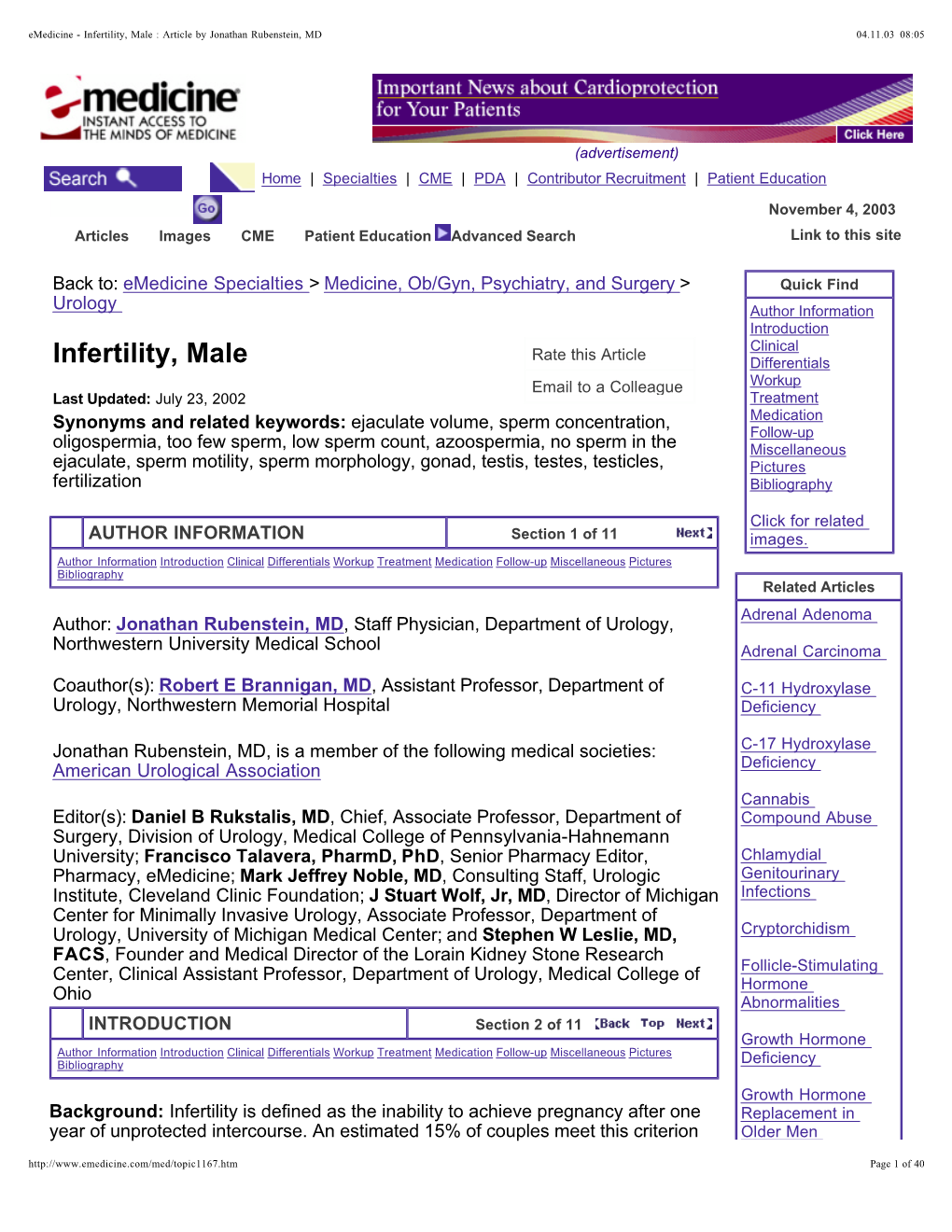 Infertility, Male : Article by Jonathan Rubenstein, MD 04.11.03 08:05