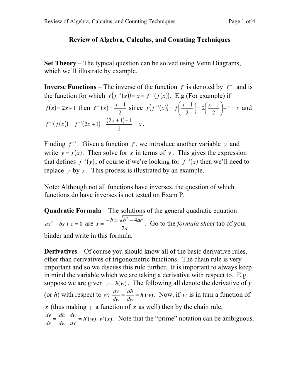 Review of Algebra, Calculus, and Counting Techniques Page 1 of 4